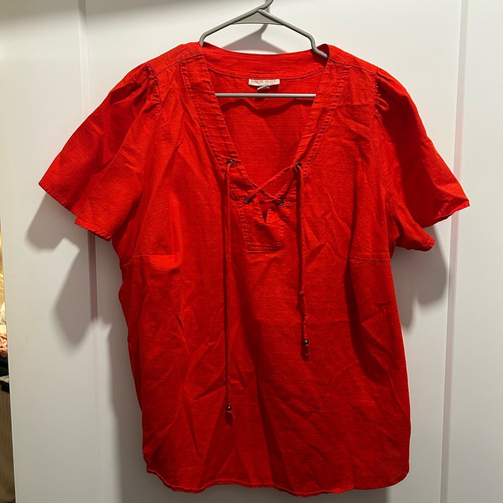 Vibrant Red Lace-Up Blouse